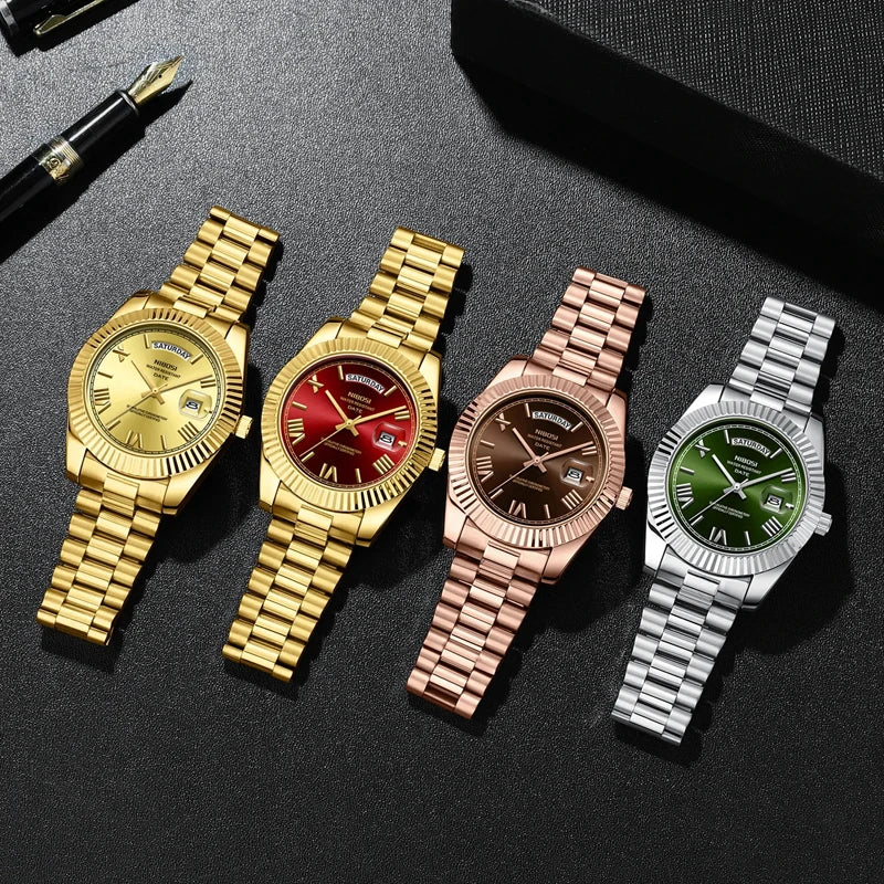 NIBOSI Brand Luxury Gold Red Quartz Watch for Men Stainless Steel Waterproof Luminous Date Week Fashion Men Watches Reloj Hombre