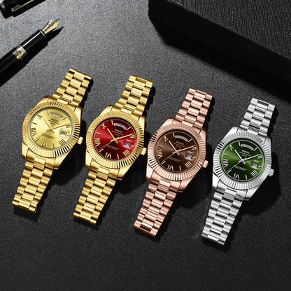 NIBOSI Brand Luxury Gold Red Quartz Watch for Men Stainless Steel Waterproof Luminous Date Week Fashion Men Watches Reloj Hombre