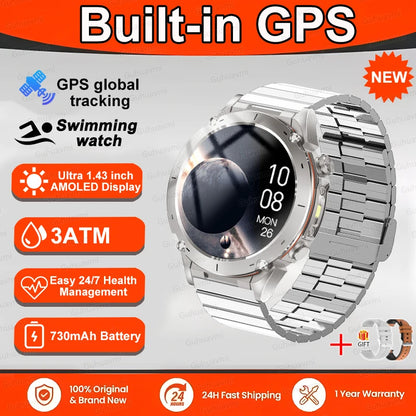 New T-Rex 3 GPS Smart Watch 1.43" AMOLED 10ATM Waterproof Built-in Dual-band GNSS Compass Military Sport Smartwatch Men Bracelet