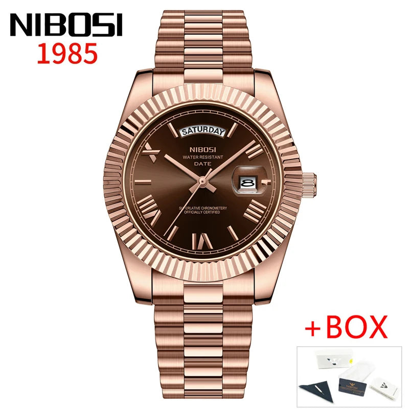 NIBOSI Brand Luxury Gold Red Quartz Watch for Men Stainless Steel Waterproof Luminous Date Week Fashion Men Watches Reloj Hombre