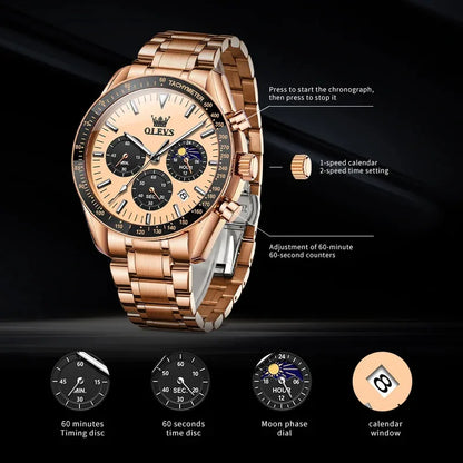 OLEVS Top Fashion All Steel Men Watch Trend Quartz Watch Moon Phase Luminous Steel Strip Waterproof Male Wristwatch