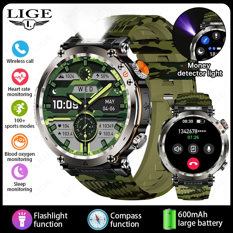 LIGE New Outdoor Flashlight Smart Watch Men 600mAh Smartwatch Bluetooth Call Heart Rate IP68 Waterproof Sports Smartwatches 2025